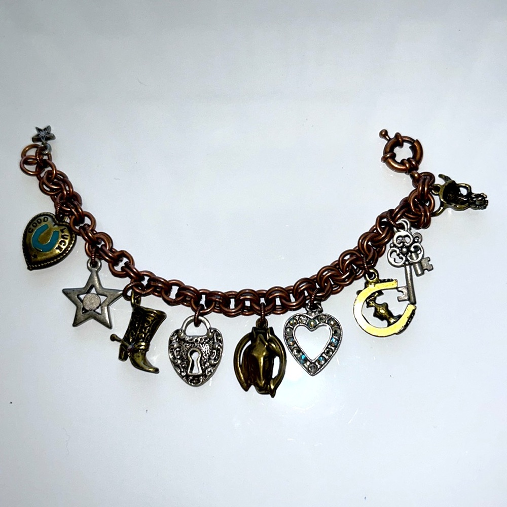 Designer Sweet Romance Equestrian Theme 10 Charm Brass Copper Nickel Bracelet - Picture 3 of 12